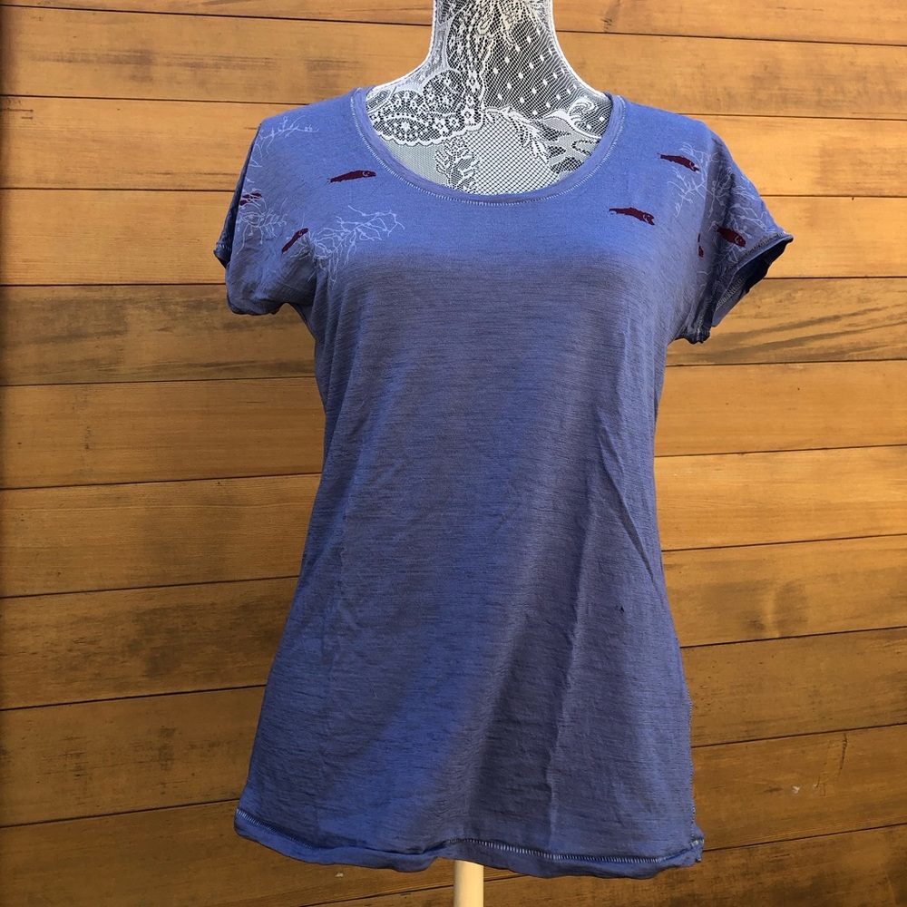 Well loved still wearable Ibex tee with fish graphics in dusky blue